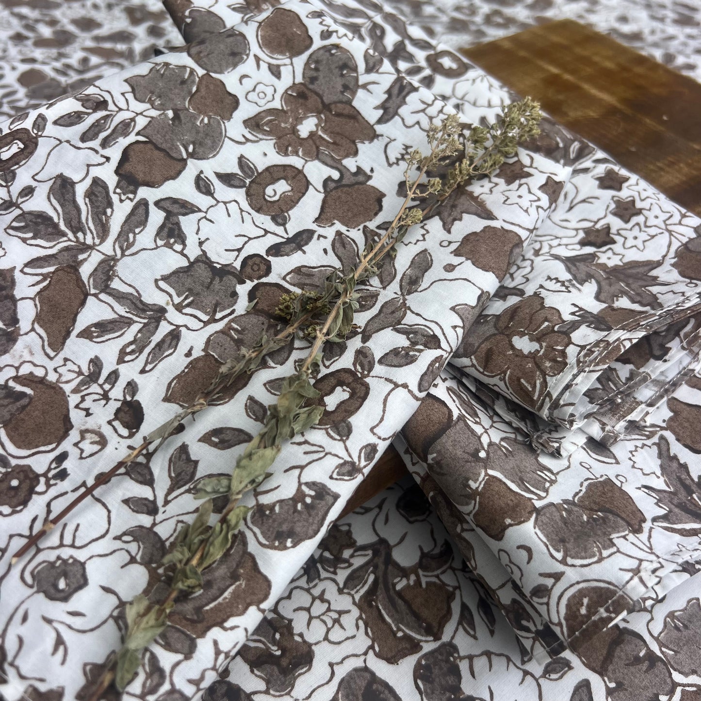 posy block print cotton tablecloth coffee, cedar and white