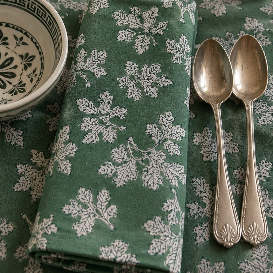 wild leaf block print cotton tablecloth green & natural