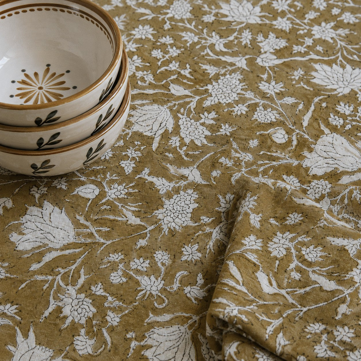 round wild iris block print cotton tablecloth coffee and natural