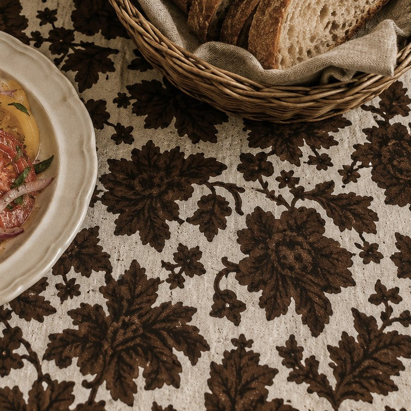 round wild rose block print cotton tablecloth chocolate and natural