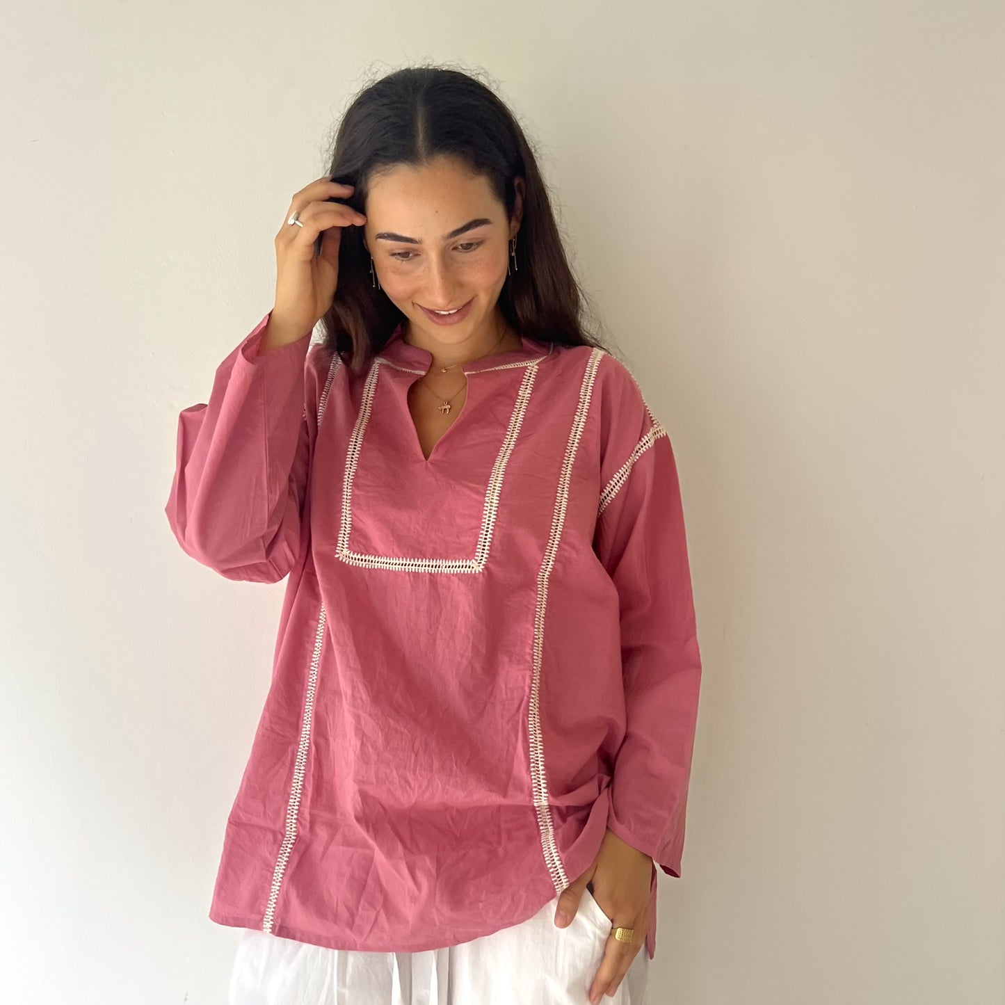 ladder lace tunic shirt dusty pink