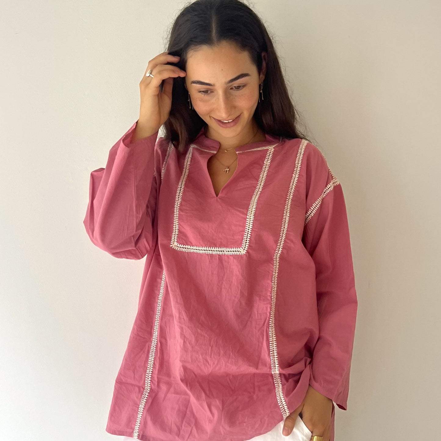 ladder lace tunic shirt dusty pink