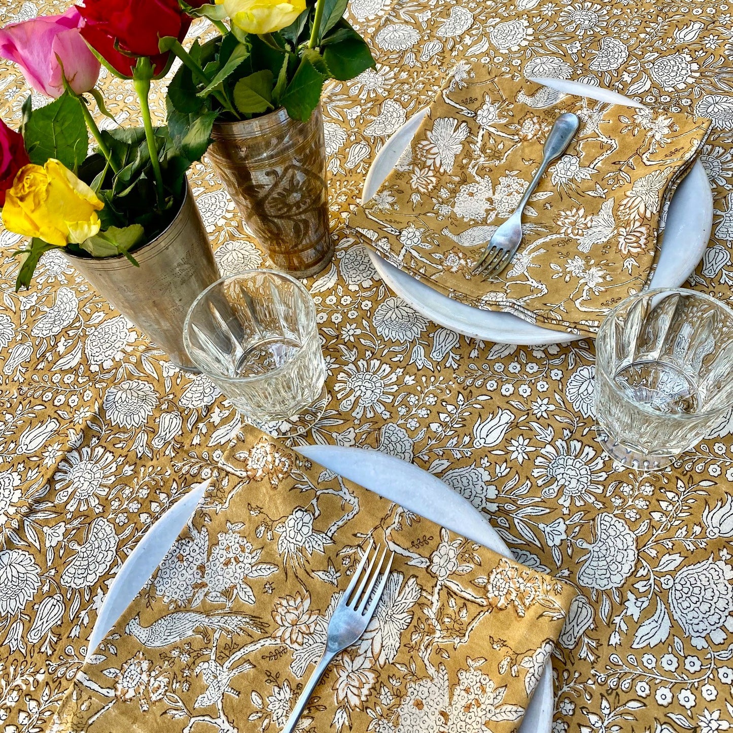 pomegranate block print cotton tablecloth caramel & natural