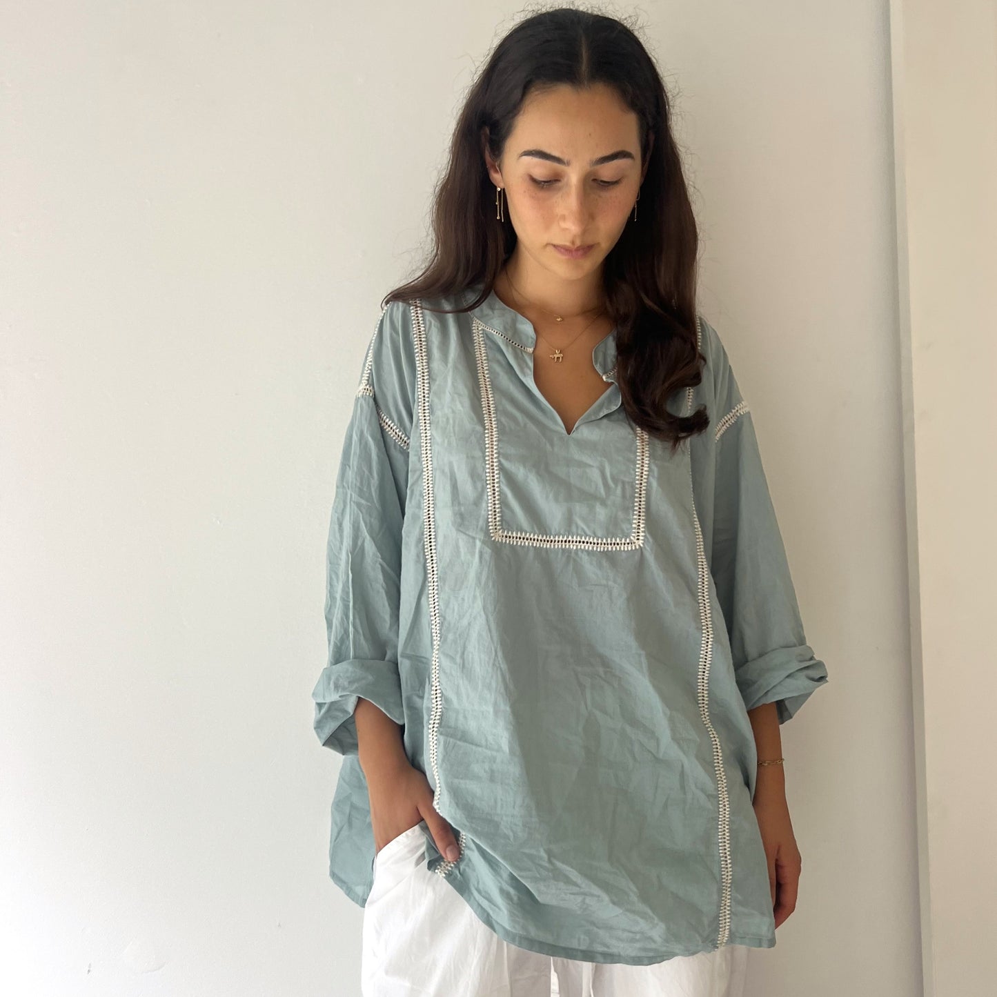 ladder lace tunic shirt grey blue