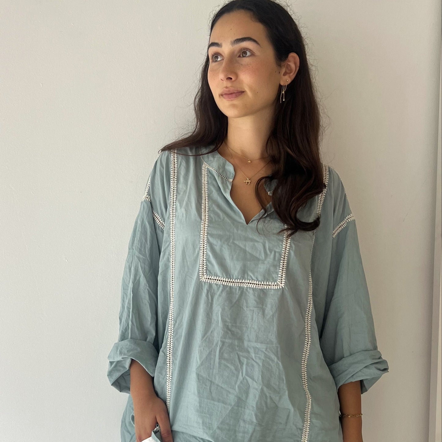 ladder lace tunic shirt grey blue