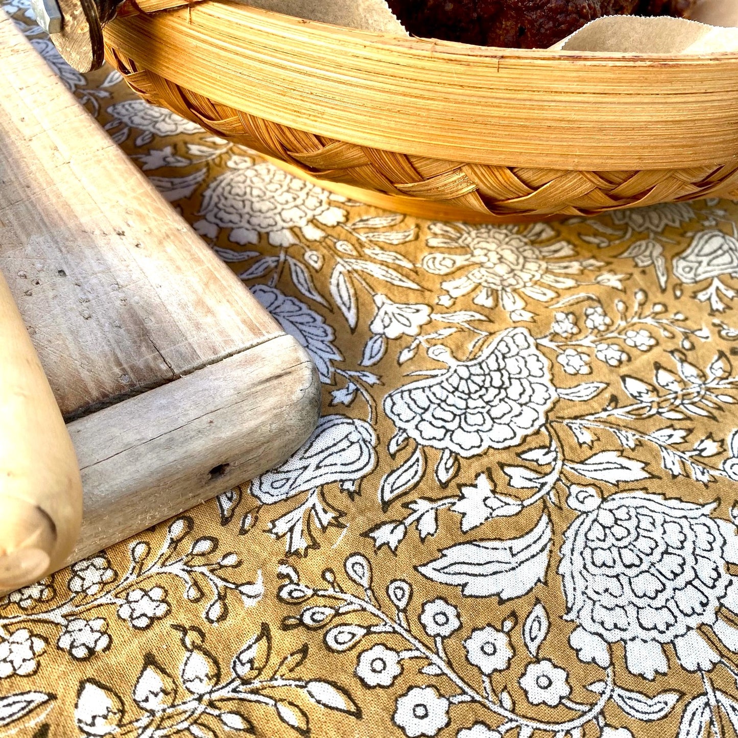 pomegranate block print cotton tablecloth caramel & natural