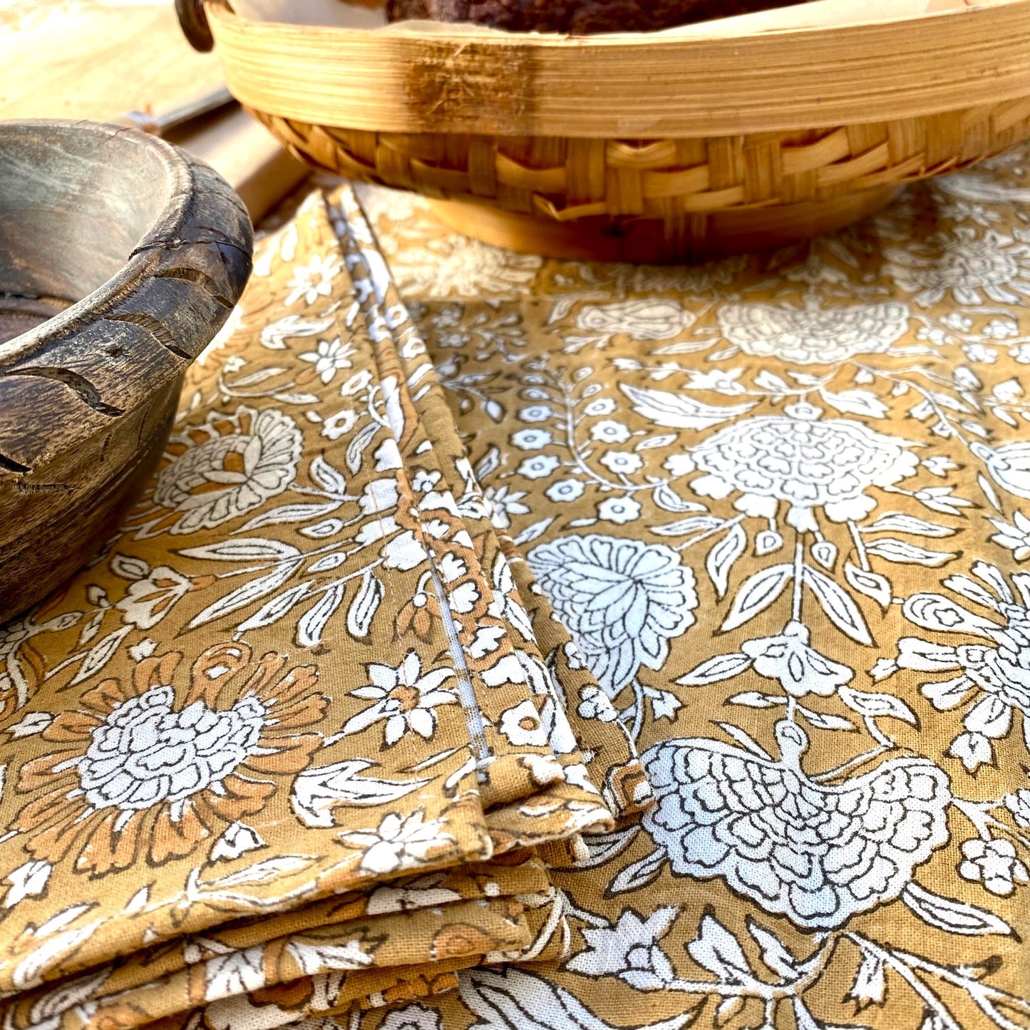 4 x block print pomegrante cotton napkin caramel