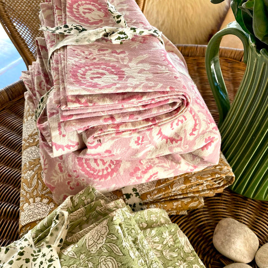 4 x block print musk cotton napkin pink