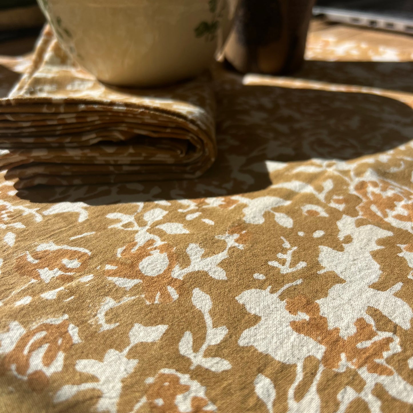 rose block print cotton tablecloth caramel & coffee