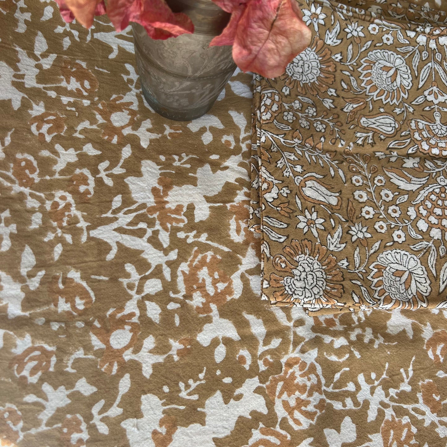 rose block print cotton tablecloth caramel & coffee