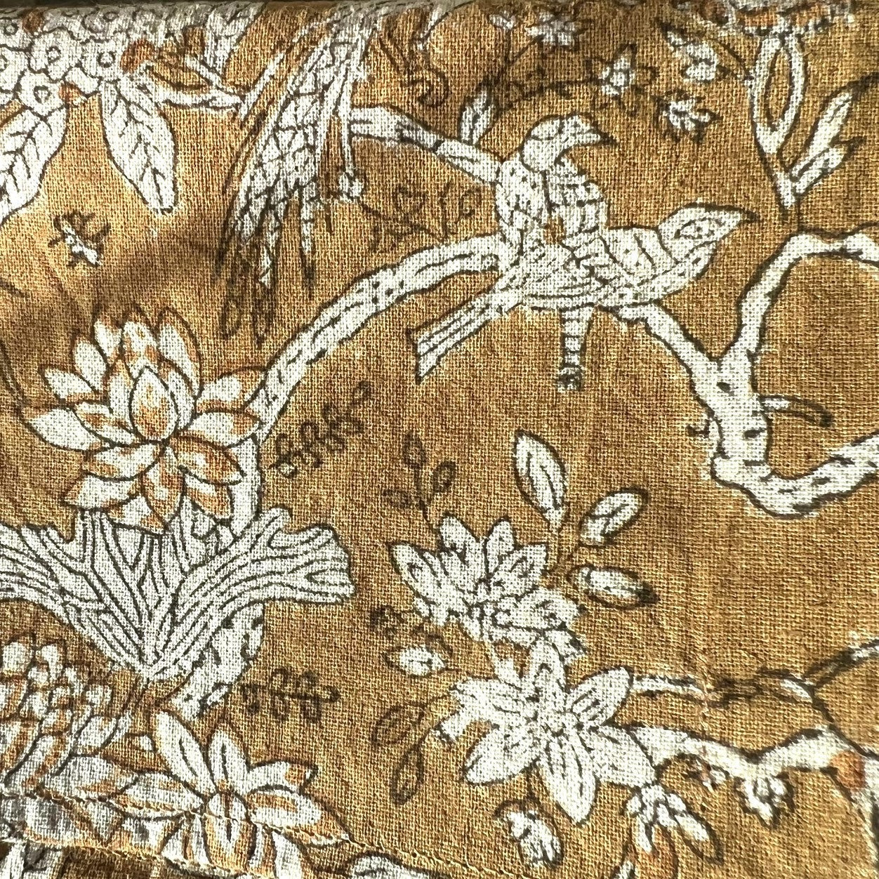 round peacock block print cotton tablecloth caramel & coffee