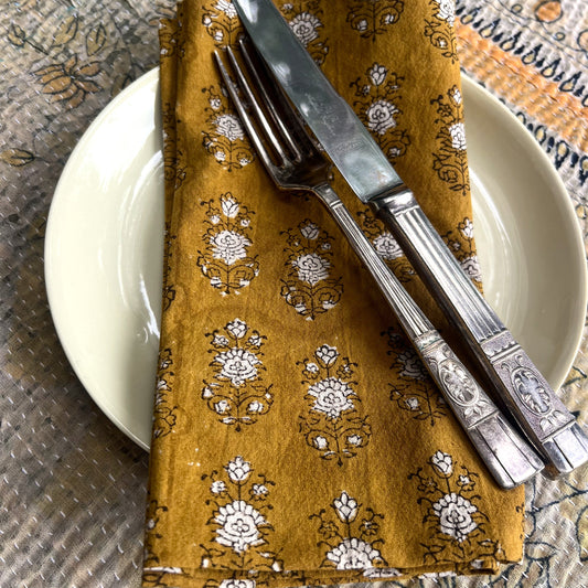 4 x block print poppy cotton napkin mustard