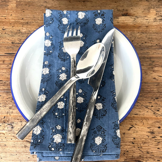 4 x block print poppy cotton napkin blue