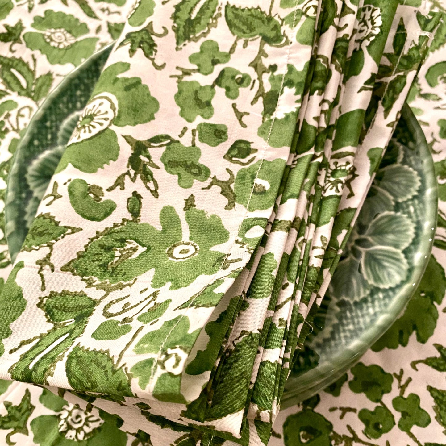 4 x block print vintage cotton napkin green & olive