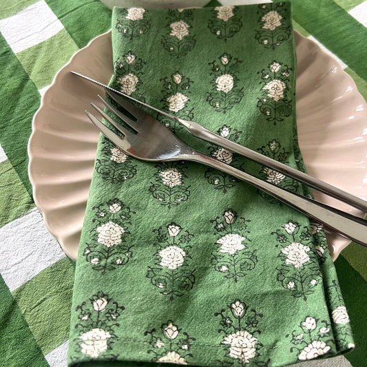 4 x block print poppy cotton napkin green