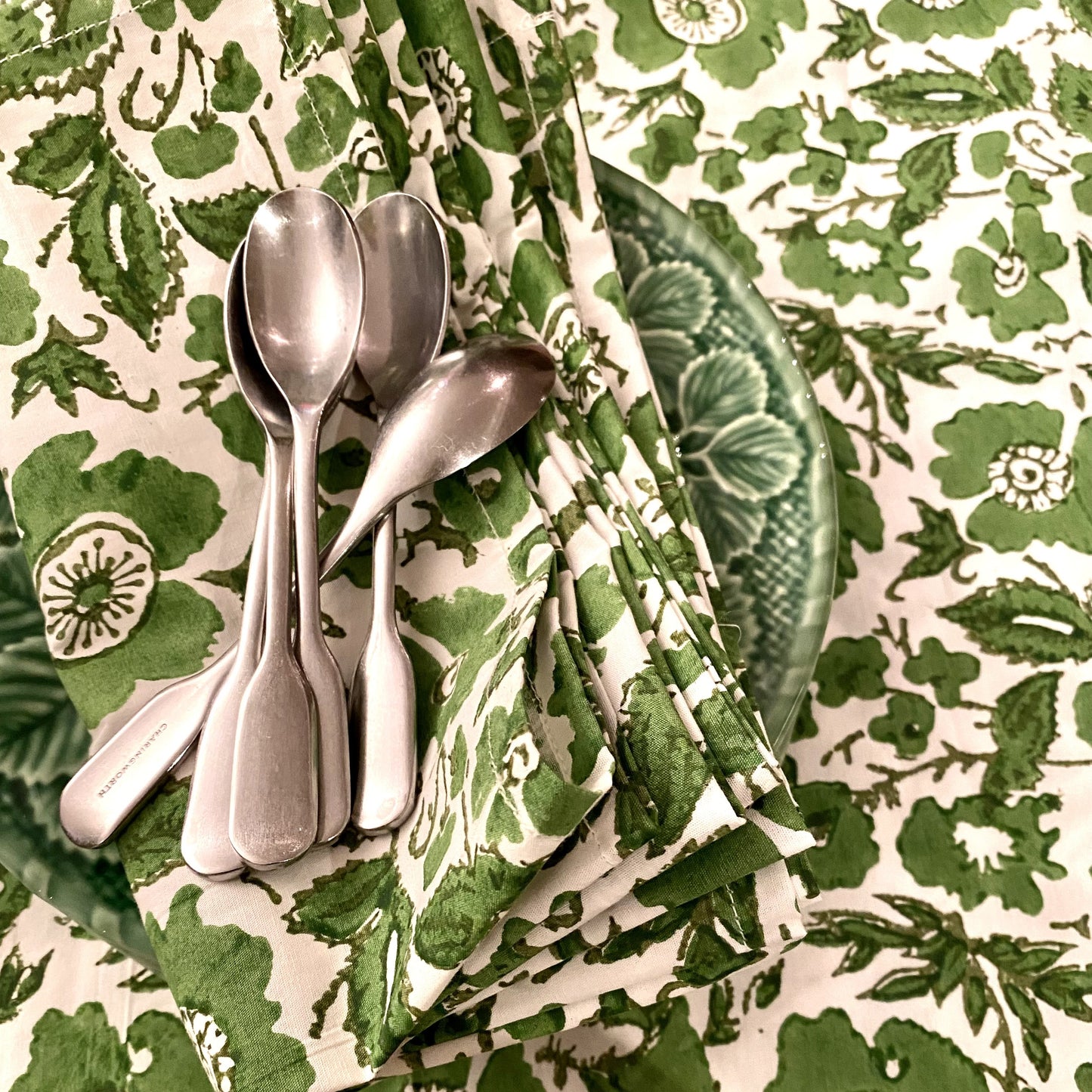 vintage floral block print cotton tablecloth green and white