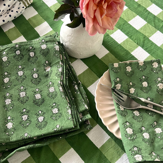 4 x block print poppy cotton napkin green
