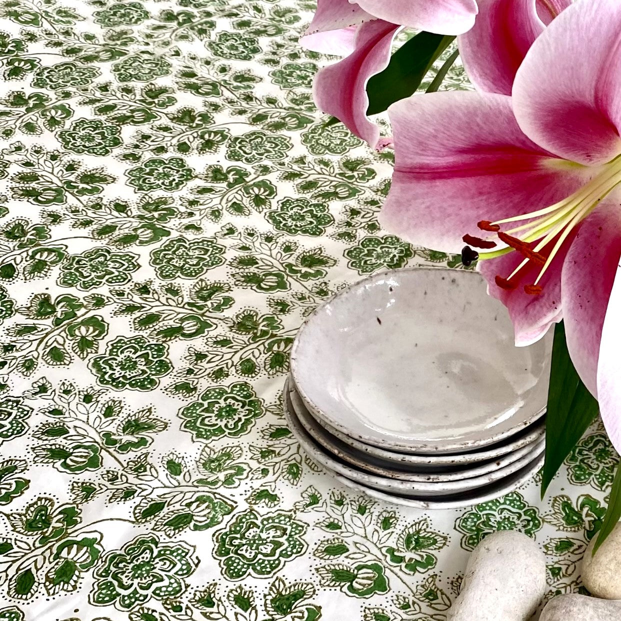 bandana block print cotton tablecloth green and white