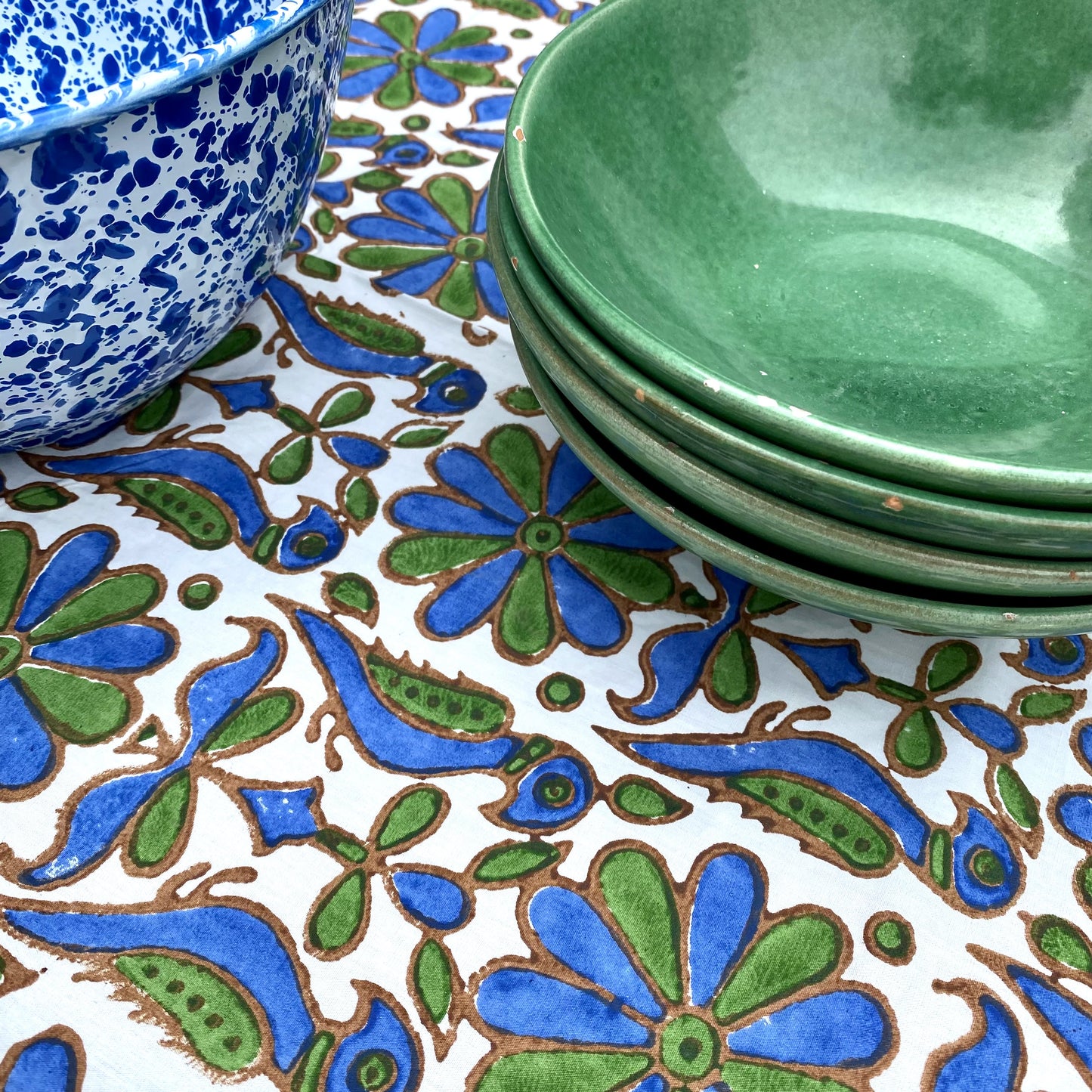 parrot block print cotton tablecloth green, blue and white