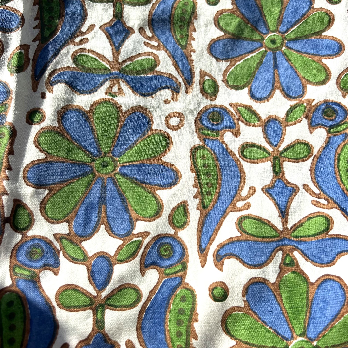 parrot block print cotton tablecloth green, blue and white