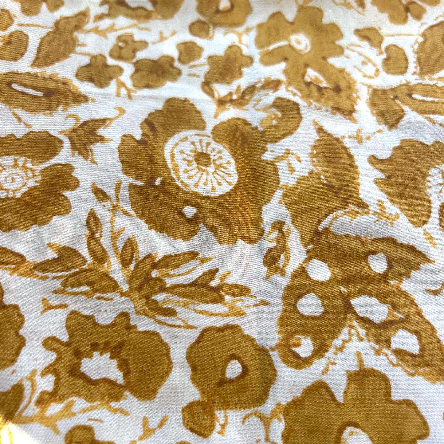 vintage floral block print cotton tablecloth mustard and white