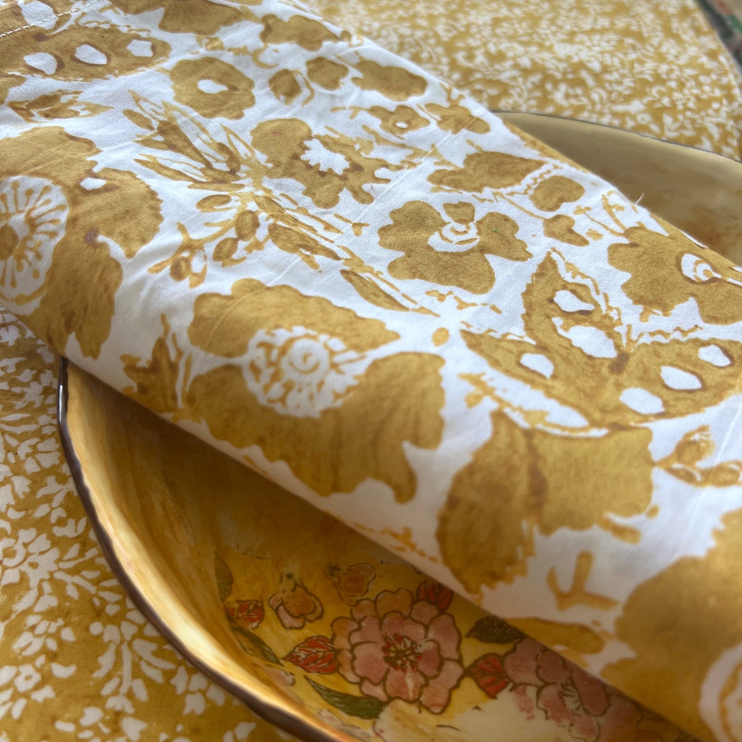 4 x block print vintage cotton napkin mustard & white
