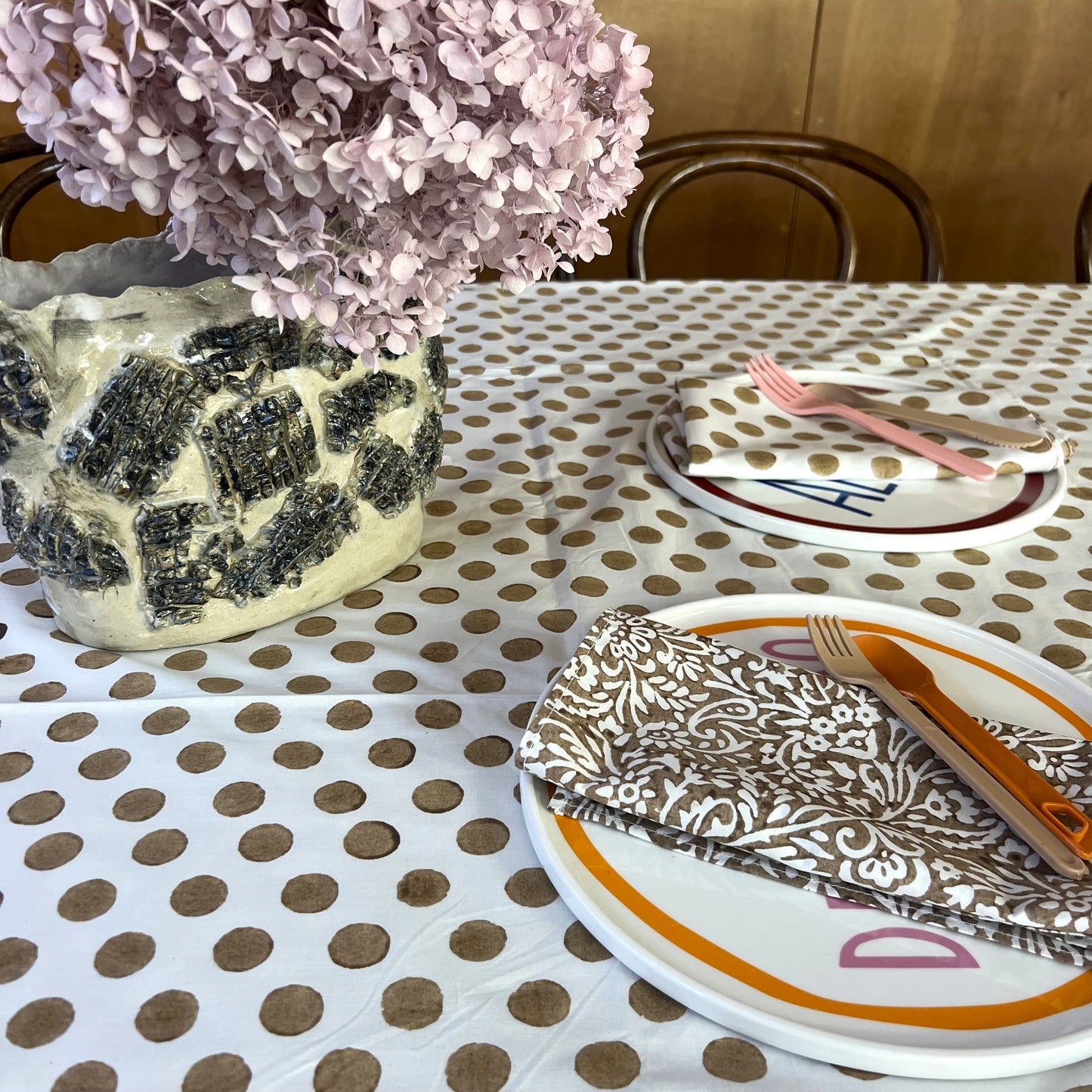 spot block print cotton tablecloth bronze and white
