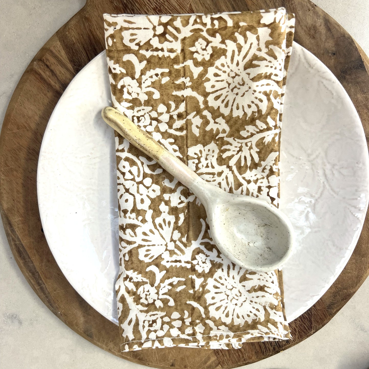 4 x leaf block print cotton napkin bronze and white