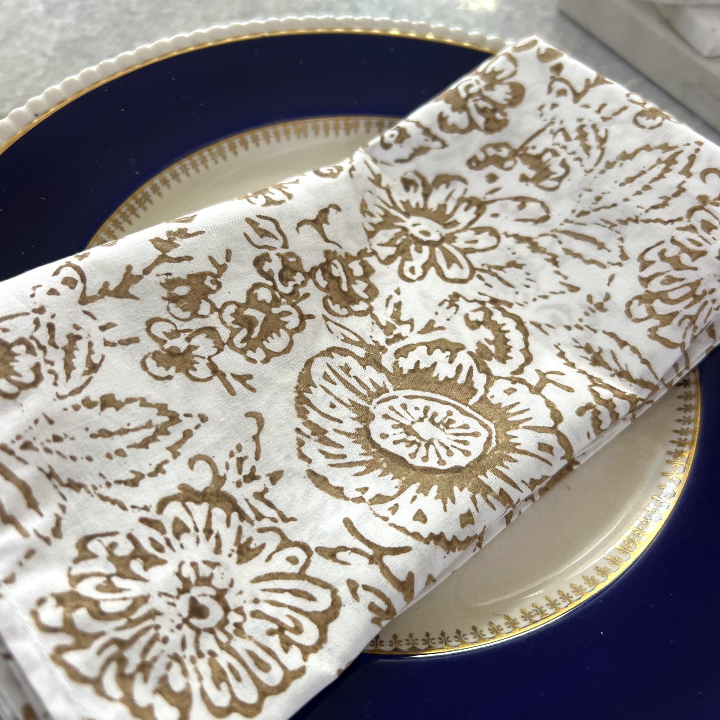4 x open floral block print cotton napkin bronze and white