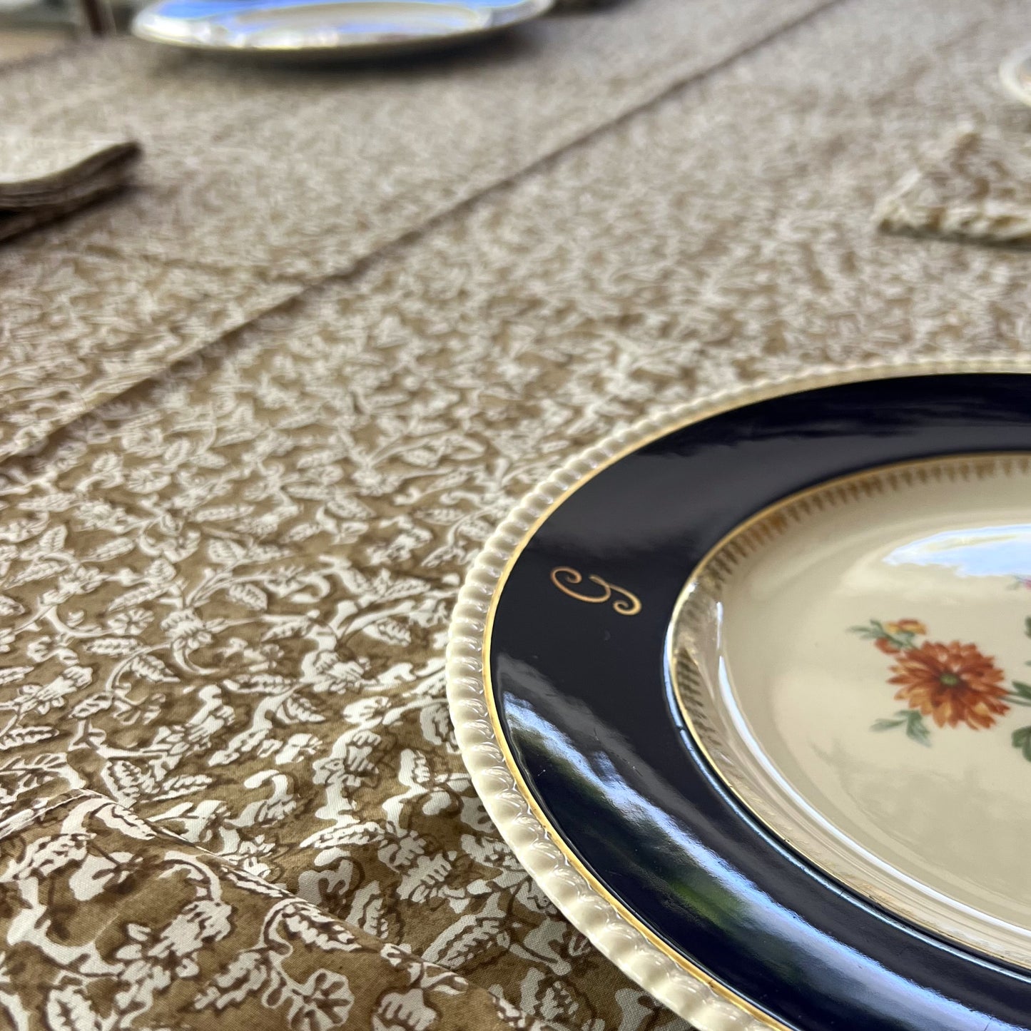 paisley block print cotton tablecloth bronze and white