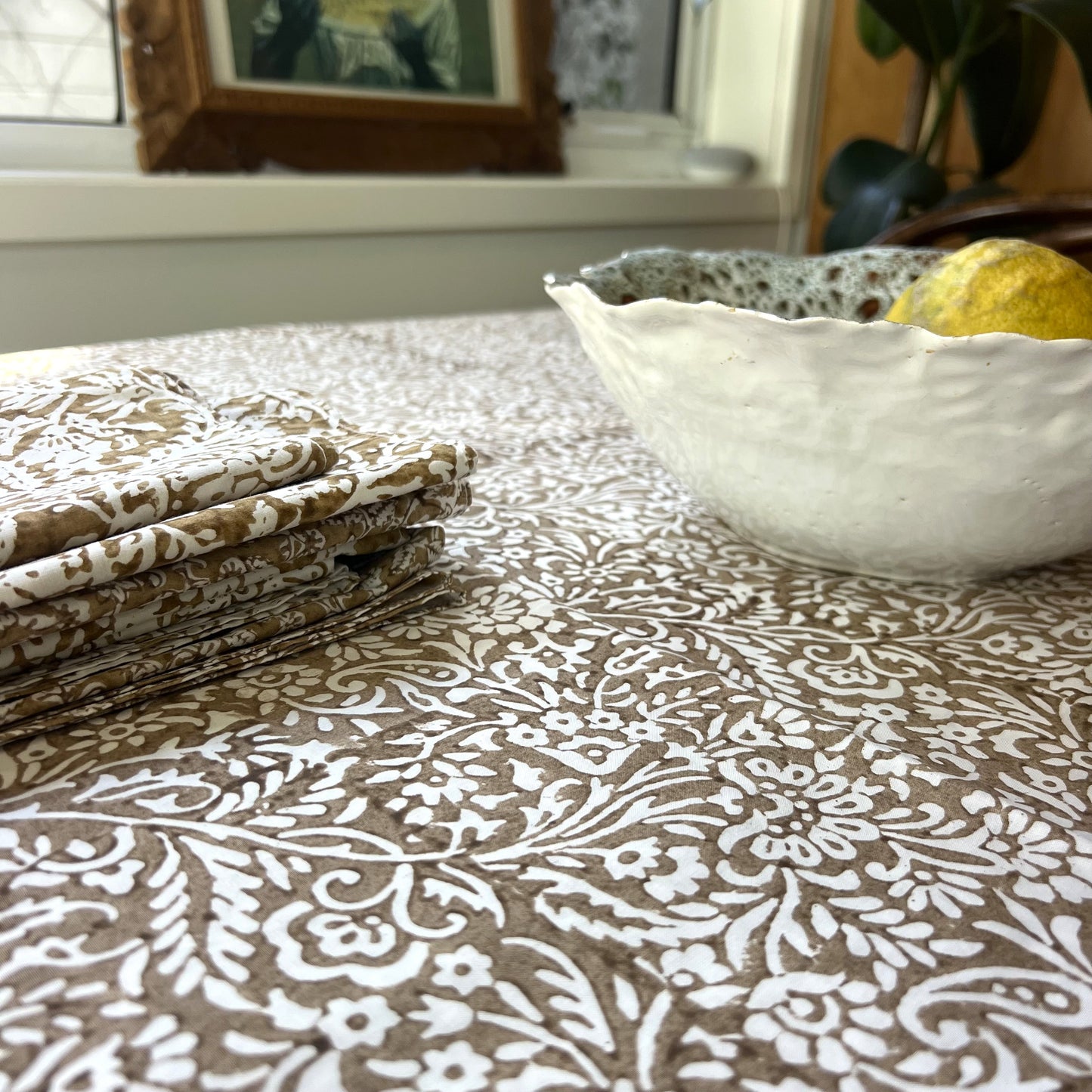 vine block print cotton tablecloth bronze and white