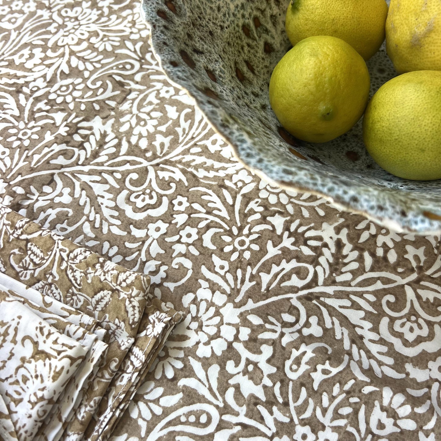 vine block print cotton tablecloth bronze and white
