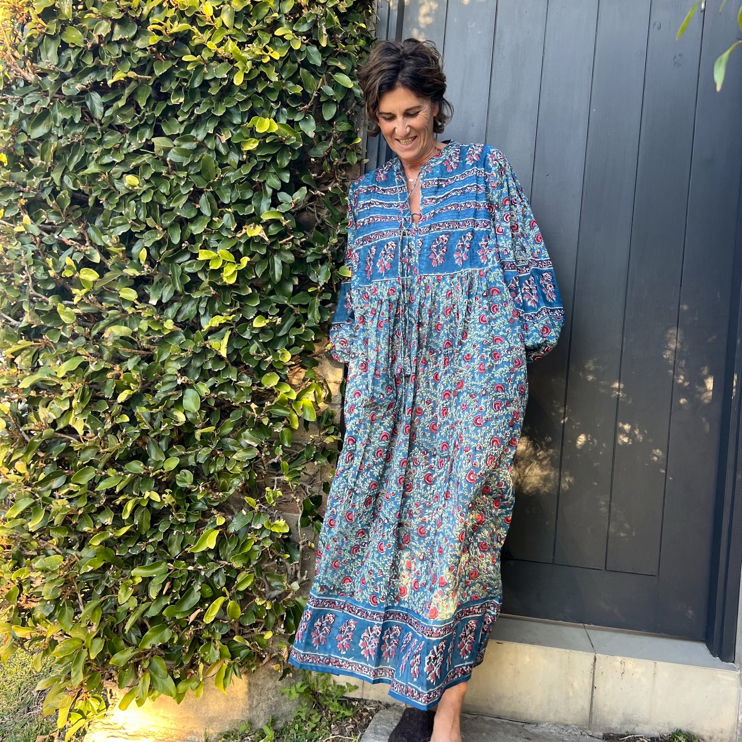 cotton block print maxi dress 155