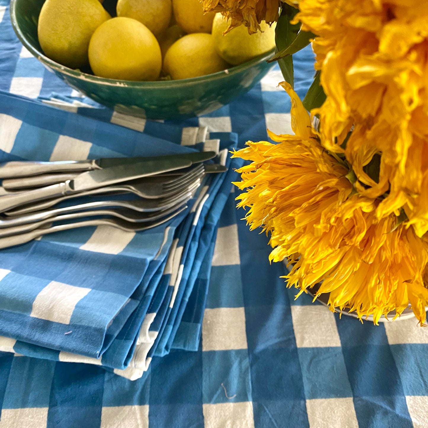 round check block print cotton tablecloth blue