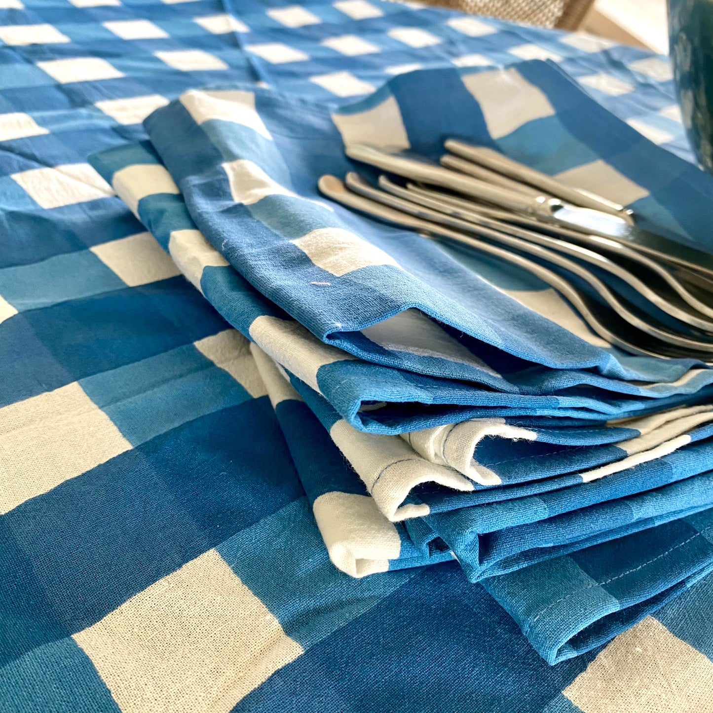round check block print cotton tablecloth blue