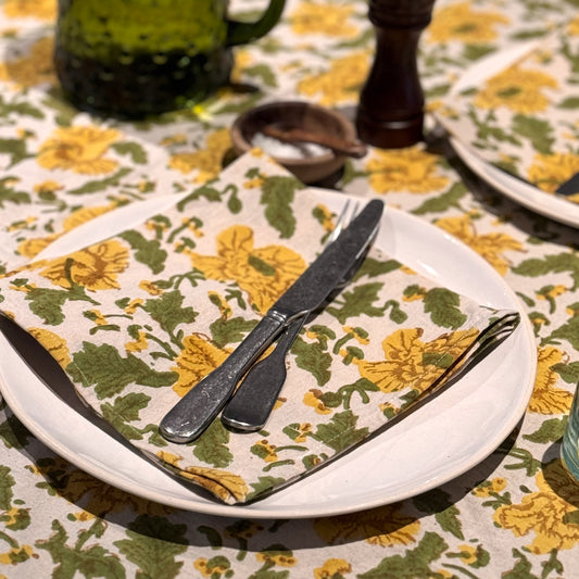 wild rose block print cotton tablecloth mustard & green