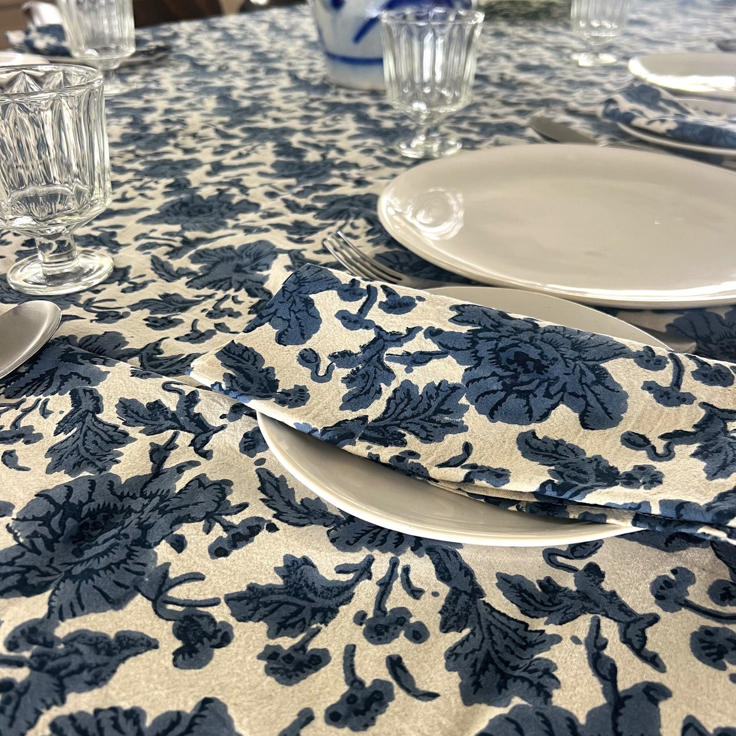 4 x block print wild rose cotton napkin blue and natural