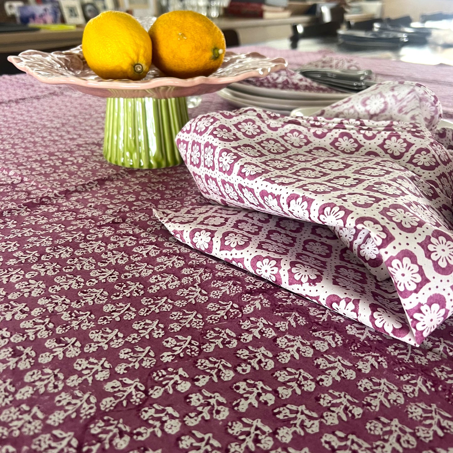 daisy block print cotton tablecloth plum and white