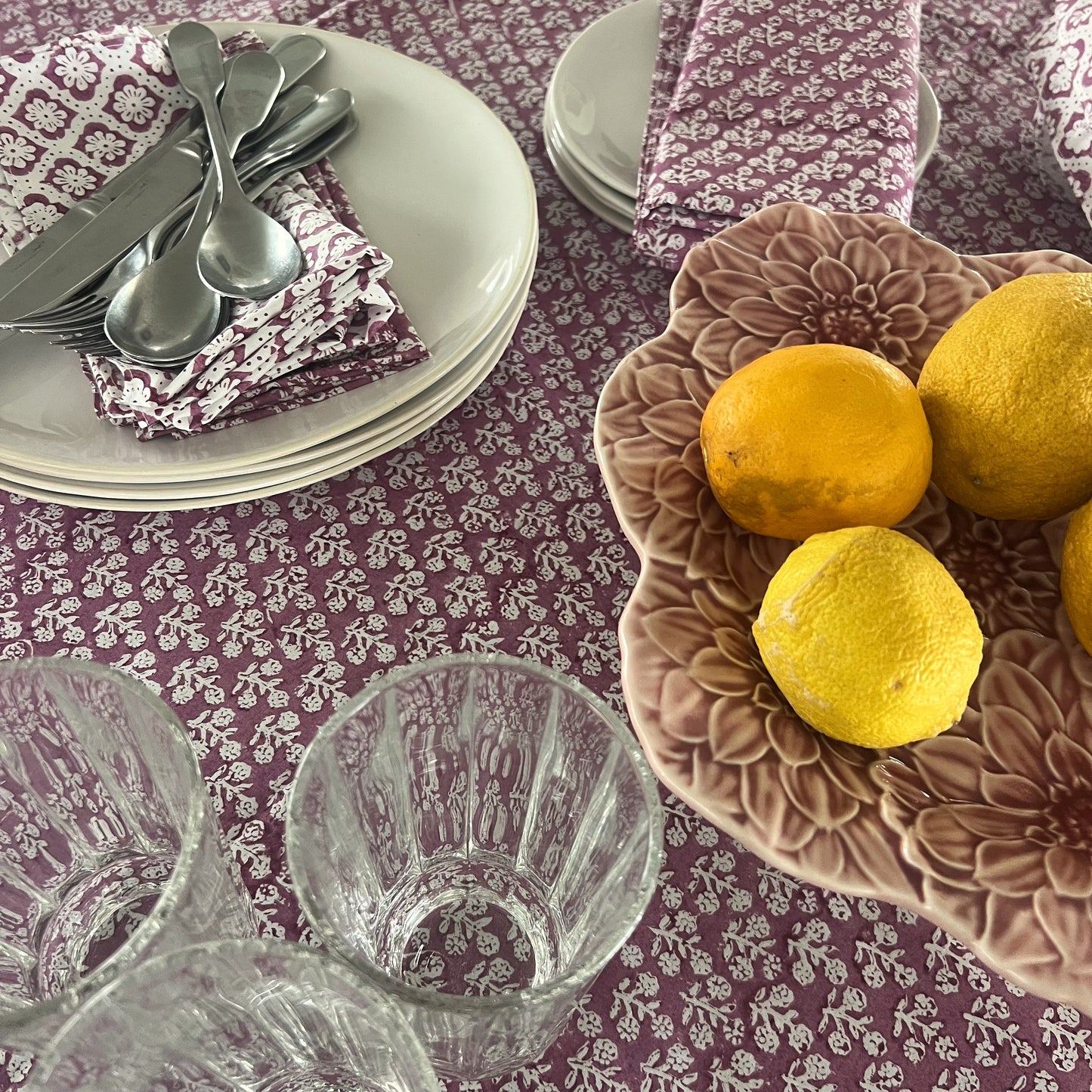 daisy block print cotton tablecloth plum and white