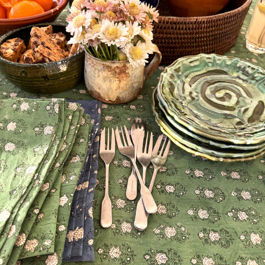 round poppy block print cotton tablecloth green