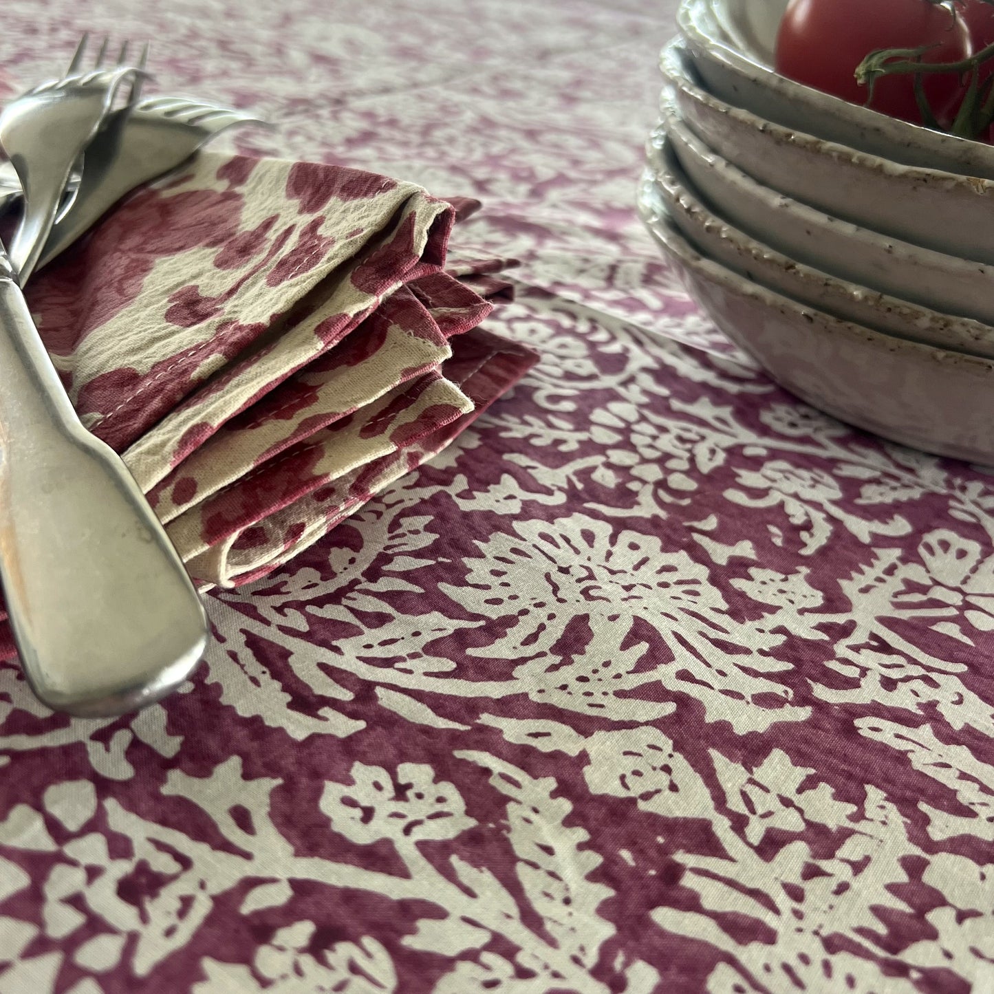 leaf block print cotton tablecloth plum and white