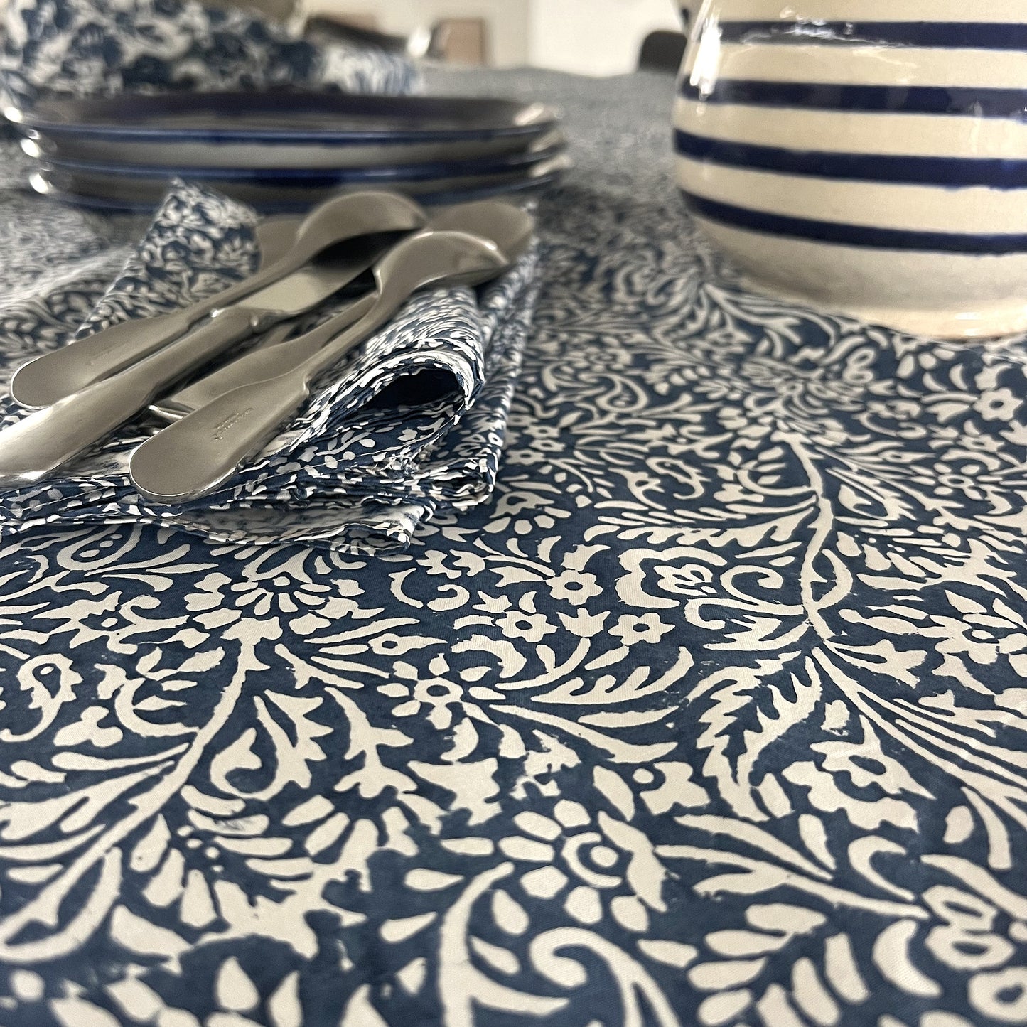 leaf block print cotton tablecloth blue and white