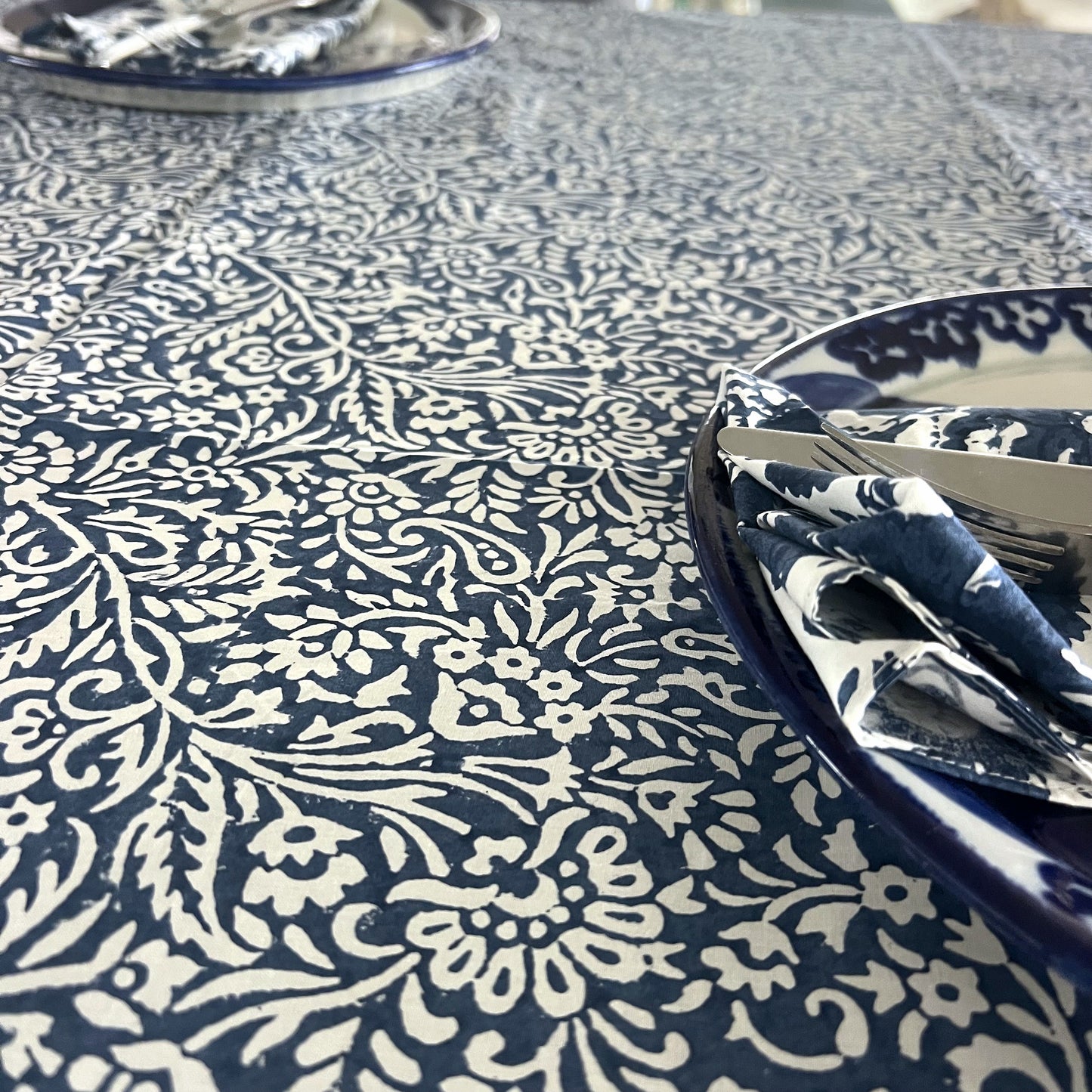 leaf block print cotton tablecloth blue and white