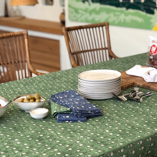 raw cotton -green poppy block print tablecloth