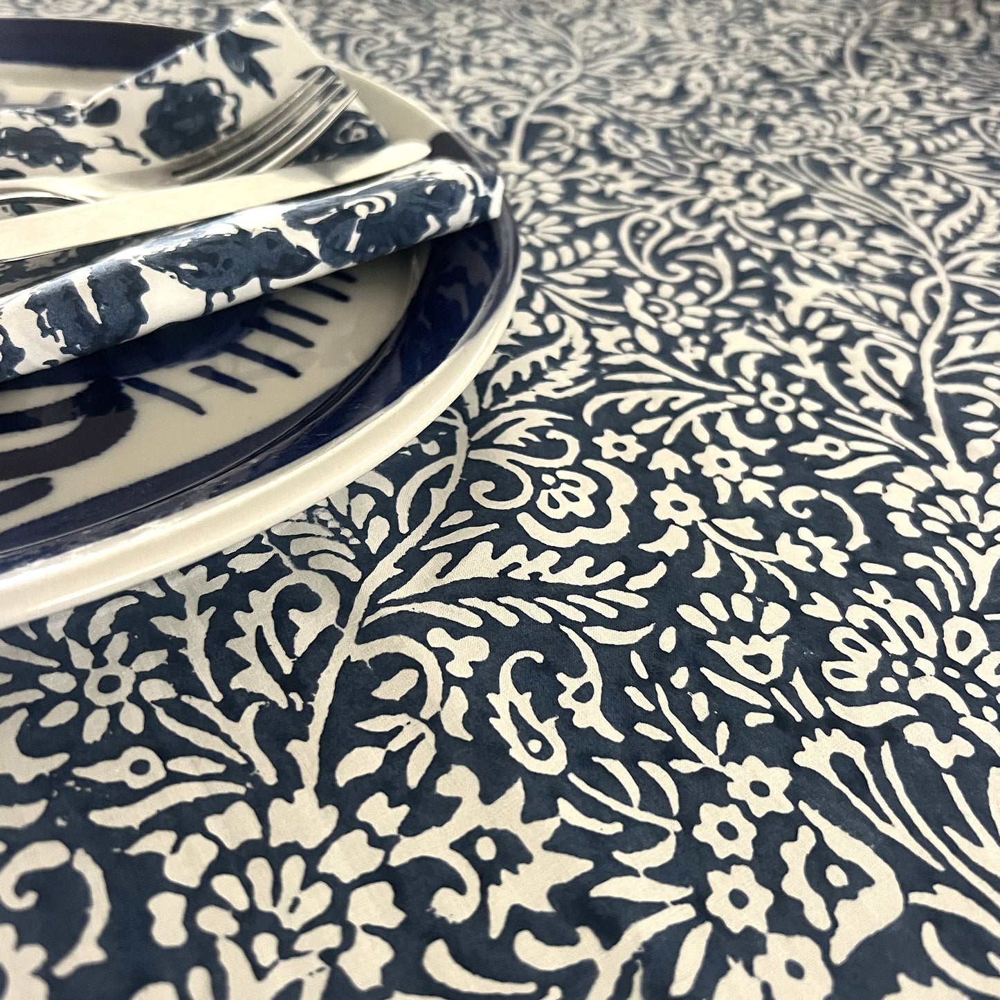 leaf block print cotton tablecloth blue and white