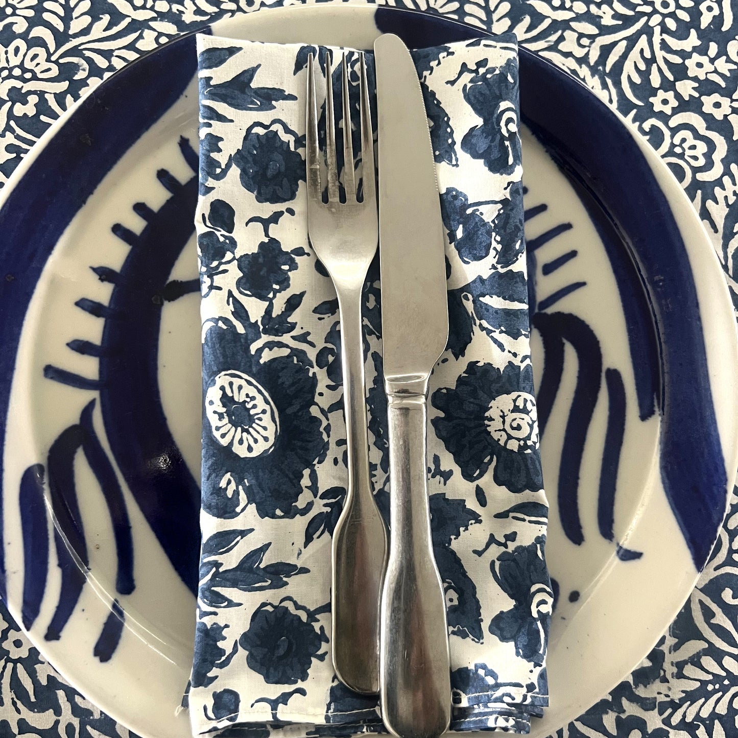 4 x vintage floral block print cotton napkin blue and white