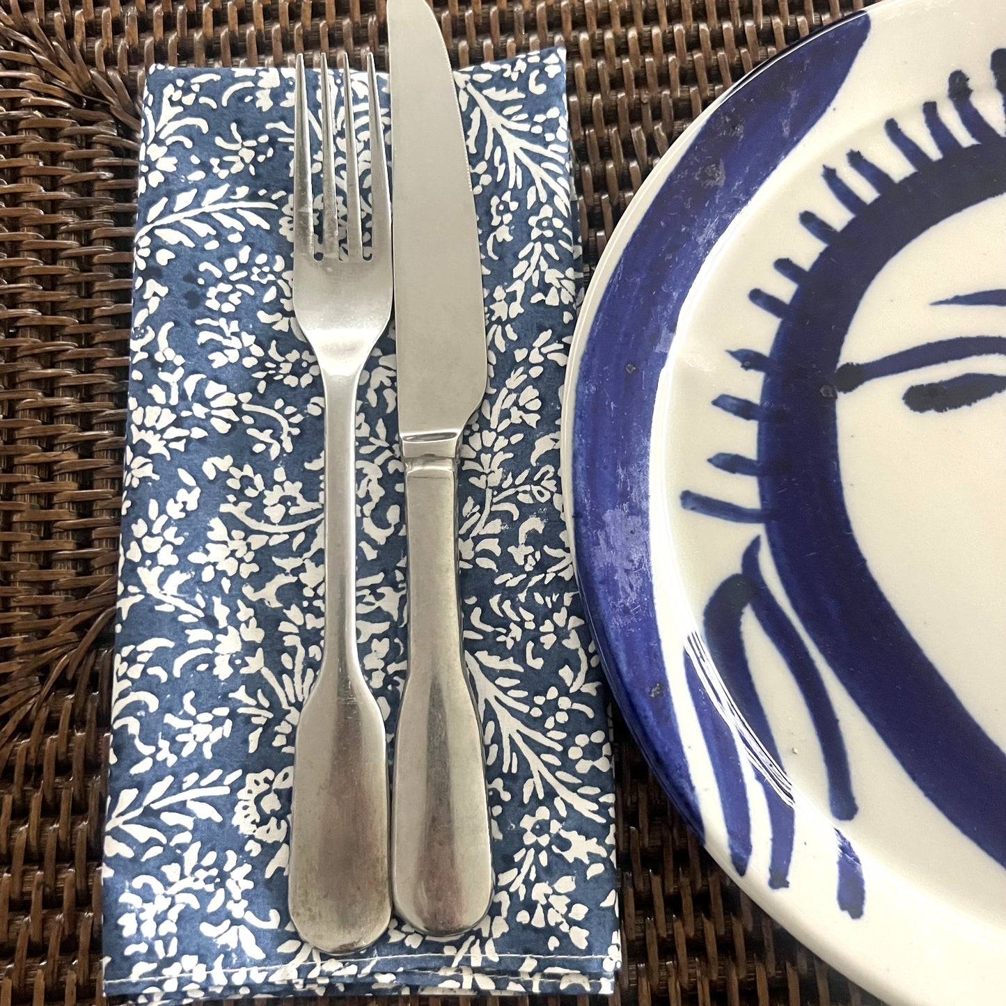 4 x vine block print cotton napkin blue and white