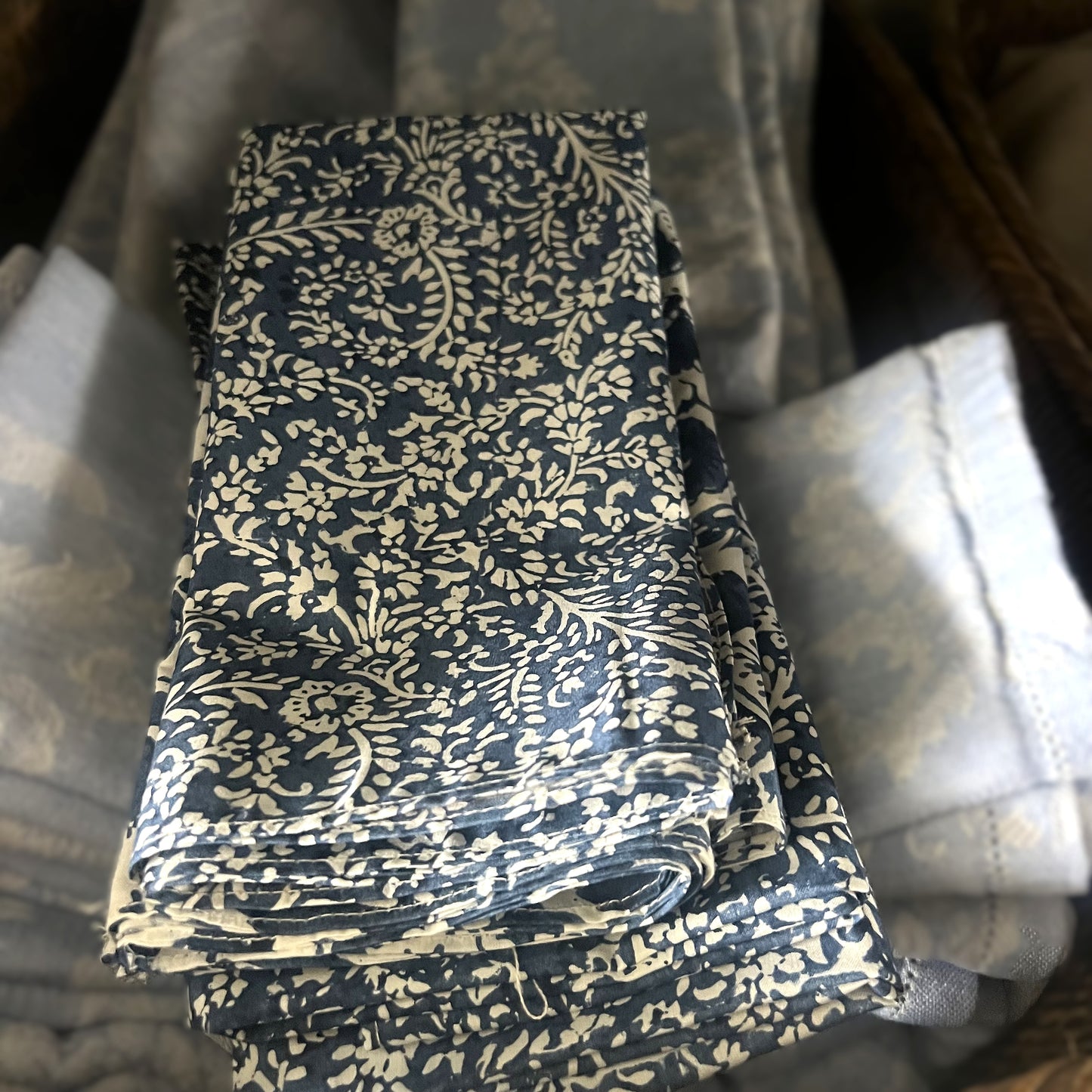 4 x vine block print cotton napkin blue and white