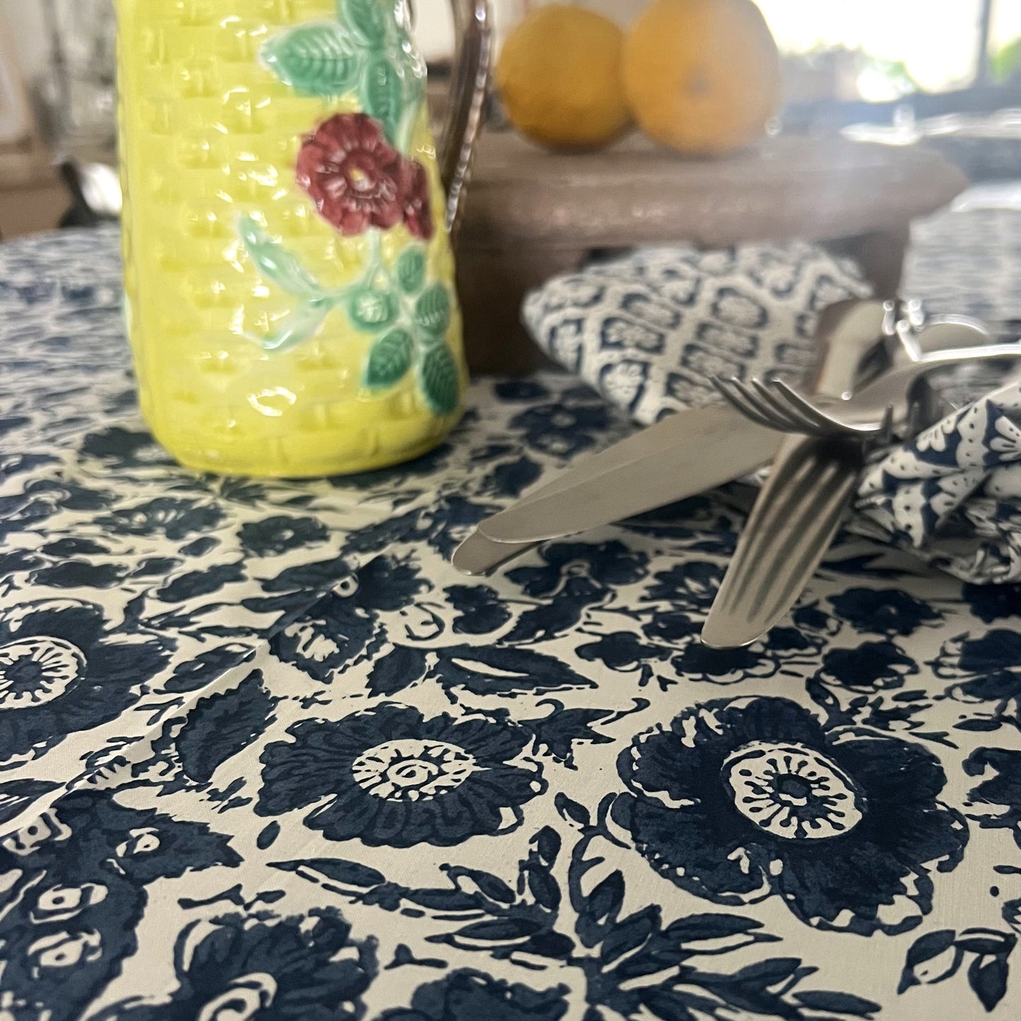 vintage floral block print cotton tablecloth blue and white