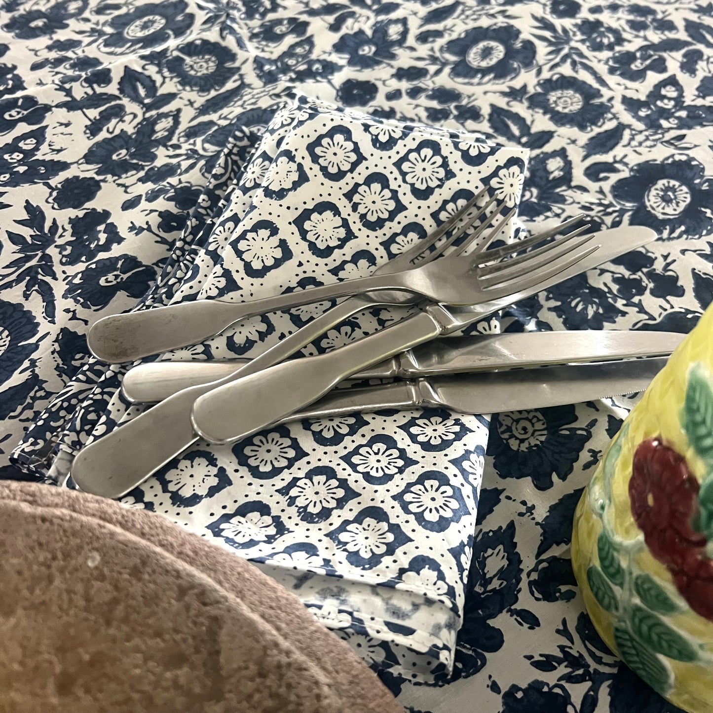 vintage floral block print cotton tablecloth blue and white